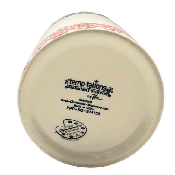 NEW Temptations Utensil Holder Crock Old World Blue Hand Painted Brochure - Picture 8 of 9